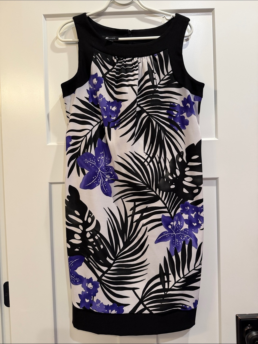 Sleeveless Black White & Purple Tropical Hibiscus Print Sheath Dress Size 12 New
